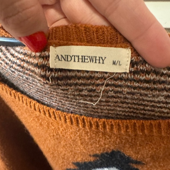 Women And The Why Orange Tribal Aztec Wide Neck Western Rodeo Sweater Size M/L - Picture 4 of 6